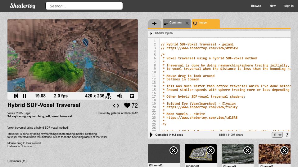 Screenshot of shadertoy.com: Hybrid SDF-Voxel Traversal