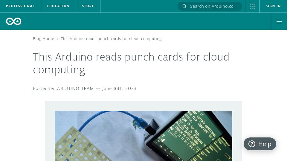 Screenshot of blog.arduino.cc: Arduino reads punched cards for cloud computing