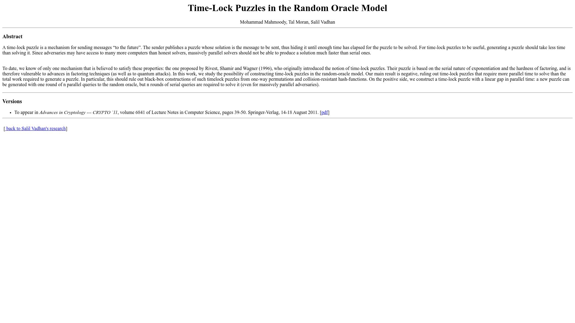 Screenshot of people.seas.harvard.edu: Time-Lock Puzzles in the Random Oracle Model (2011)