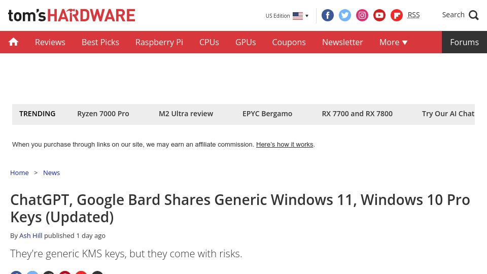 Screenshot of tomshardware.com: ChatGPT, Google Bard Generates Generic Windows 11, Windows 10 Pro Keys