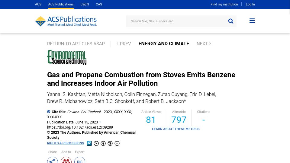 Screenshot of pubs.acs.org: Gas Stoves Emit Benzene and Increases Indoor Air Pollution
