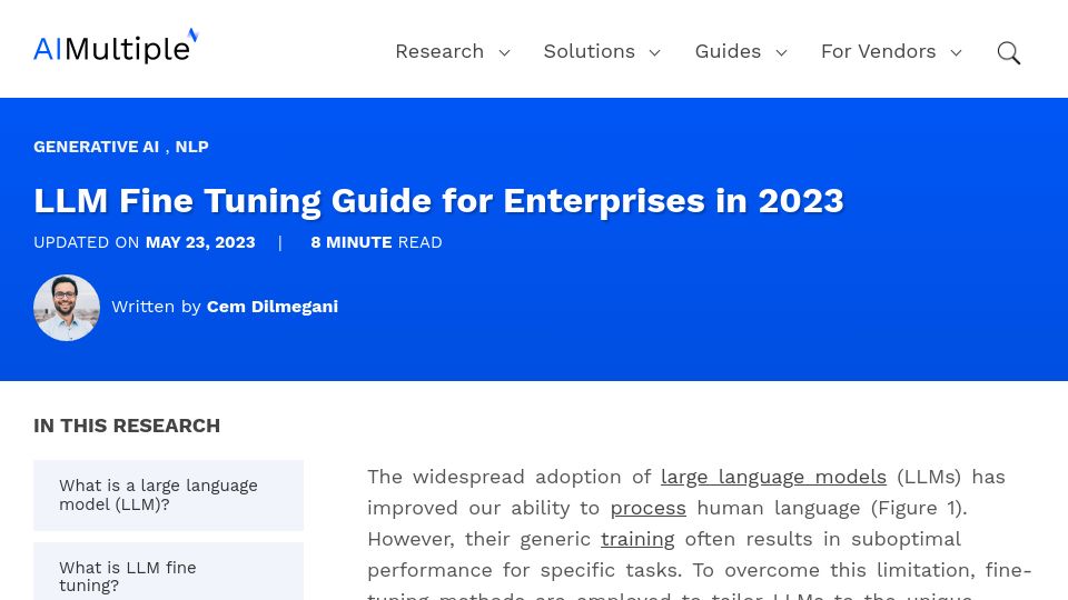 Screenshot of research.aimultiple.com: LLM Fine Tuning Guide for Enterprises in 2023
