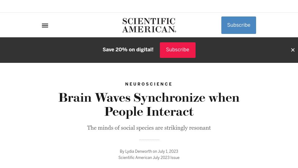 Screenshot of scientificamerican.com: Brain Waves Synchronize When People Interact