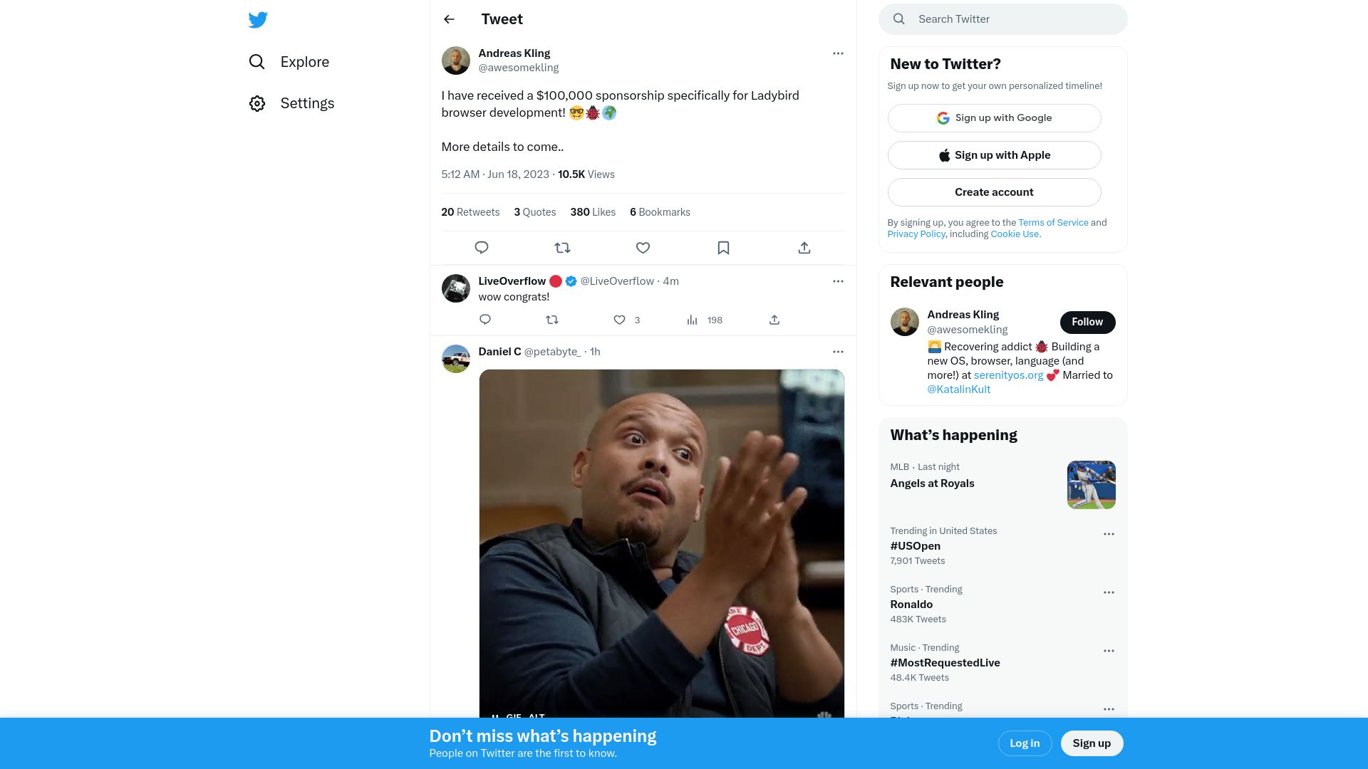 Screenshot of twitter.com: I have received a $100k sponsorship for Ladybird browser