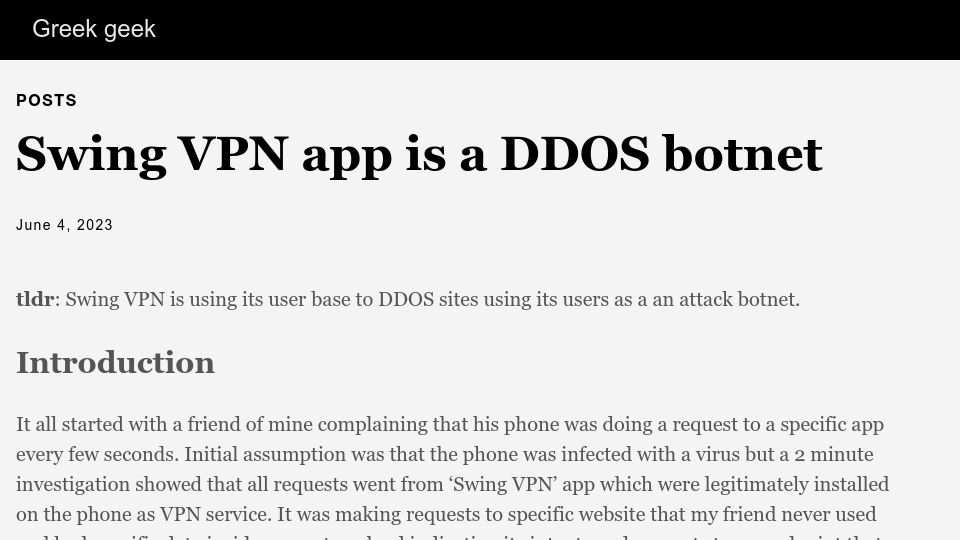 Screenshot of lecromee.github.io: Swing VPN app is a DDoS botnet