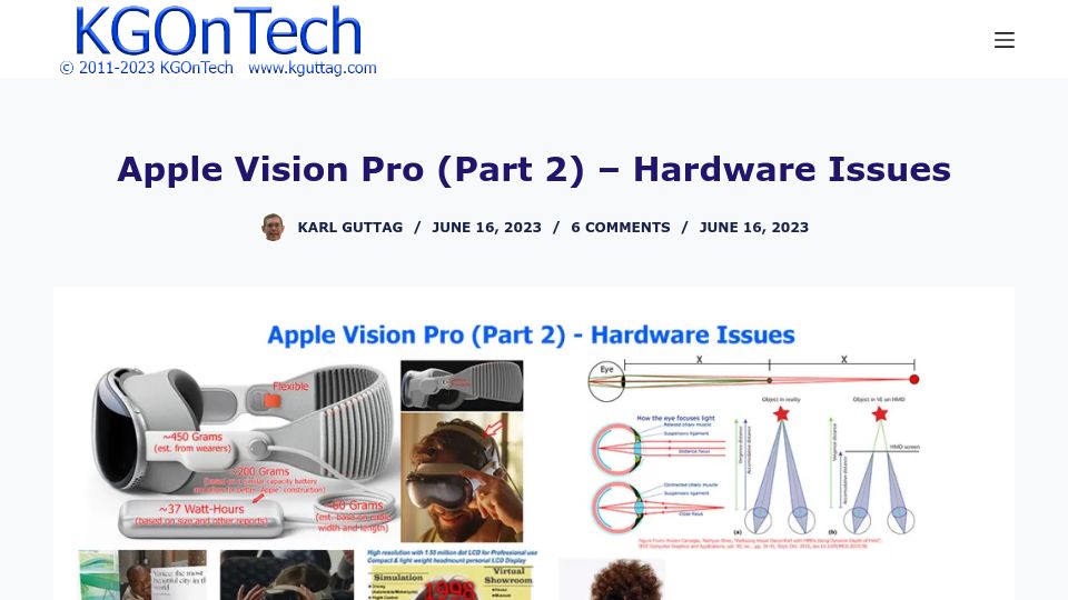 Screenshot of kguttag.com: Apple Vision Pro – Hardware Issues