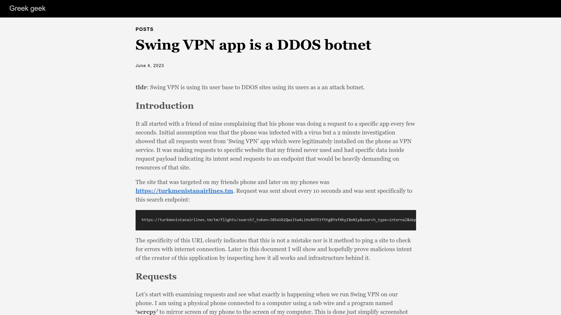 Screenshot of lecromee.github.io: Swing VPN app is a DDoS botnet