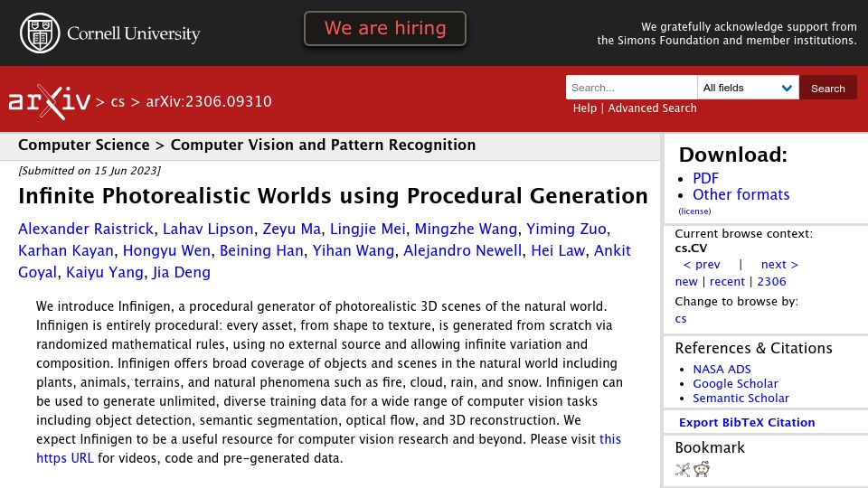 Screenshot of arxiv.org: Infinite Photorealistic Worlds Using Procedural Generation
