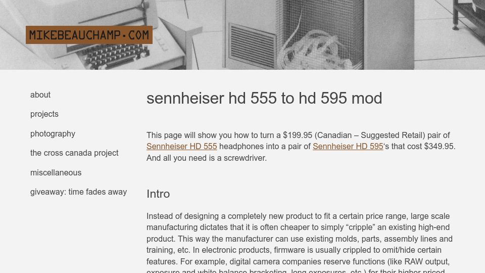 Screenshot of mikebeauchamp.com: Sennheiser HD 555 to HD 595 Mod