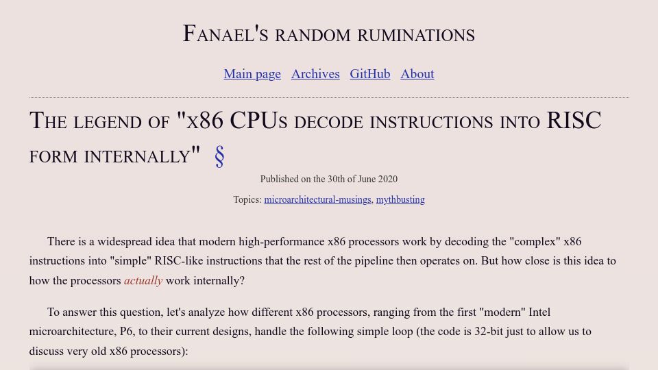 Screenshot of fanael.github.io: The legend of “x86 CPUs decode instructions into RISC form internally” (2020)