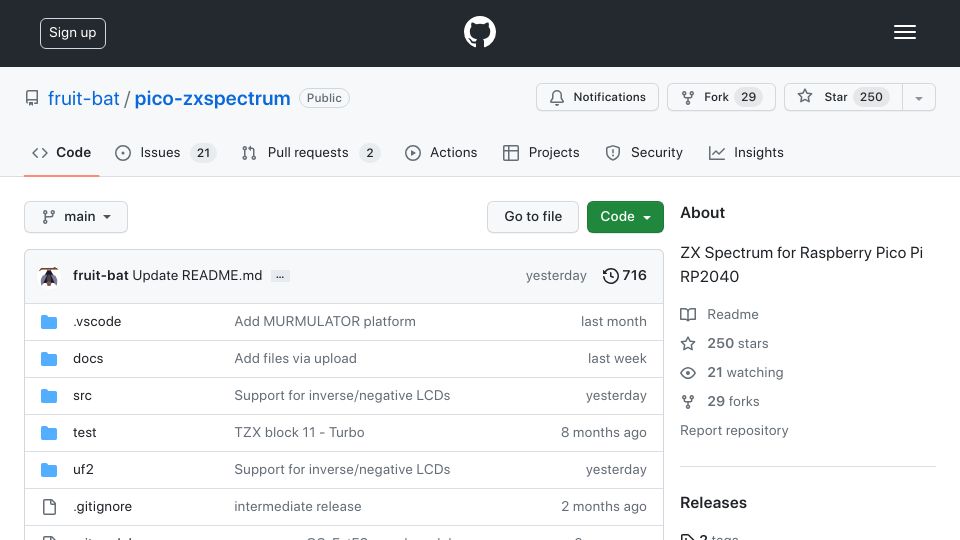 Screenshot of github.com: Fruit-Bat/Pico-Zxspectrum: ZX Spectrum for Raspberry Pico Pi RP2040