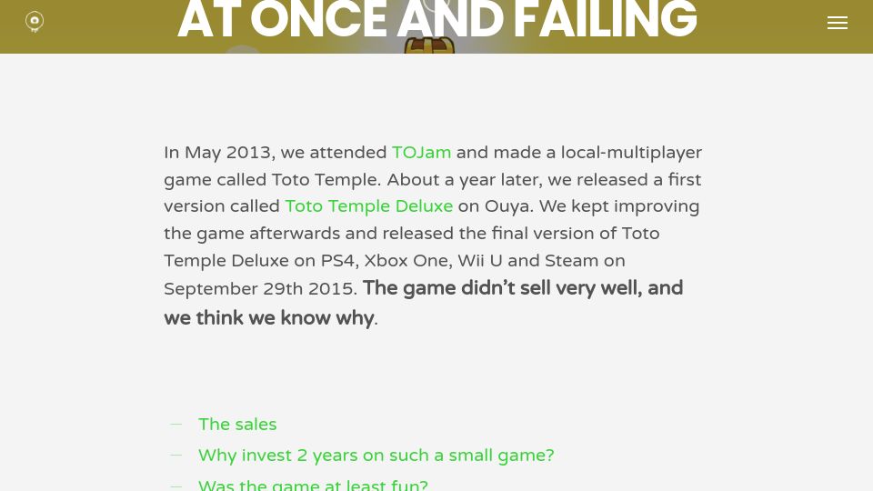 Screenshot of juicybeast.com: Releasing an indie game on 3 consoles at once and failing financially (2016)