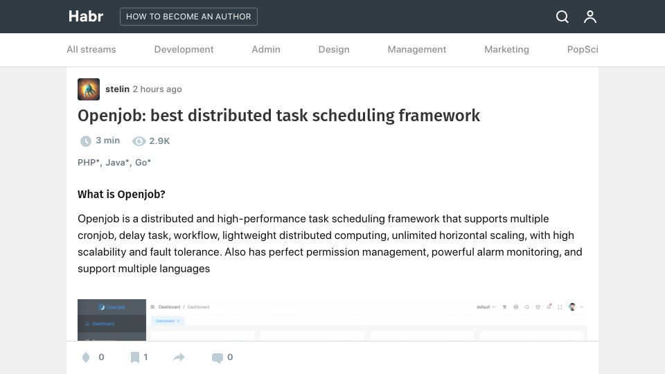 Screenshot of habr.com: Openjob: best distributed task scheduling framework