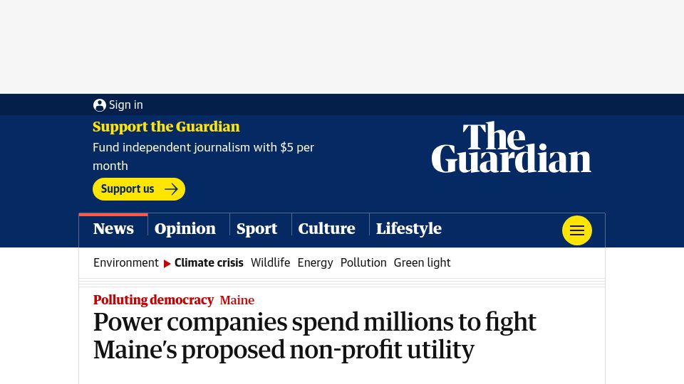 Screenshot of theguardian.com: Power companies fight Maine’s proposed non-profit utility