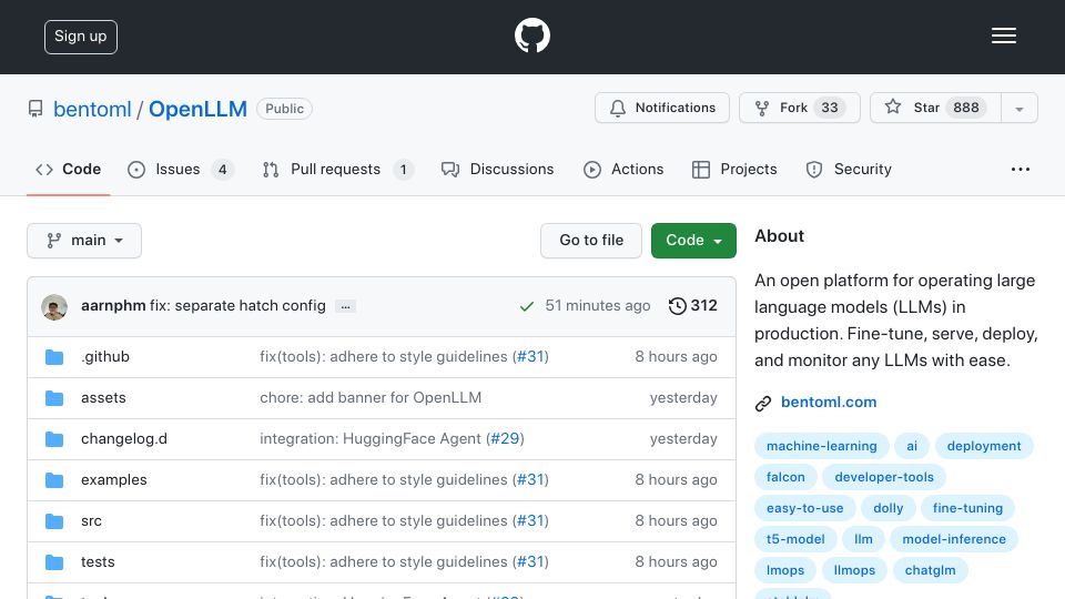 Screenshot of github.com: OpenLLM