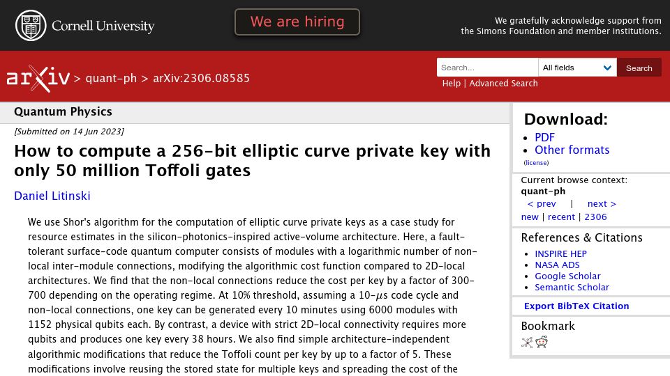 Screenshot of arxiv.org: How to compute a 256 bit elliptic curve key with 50M Toffoli gates