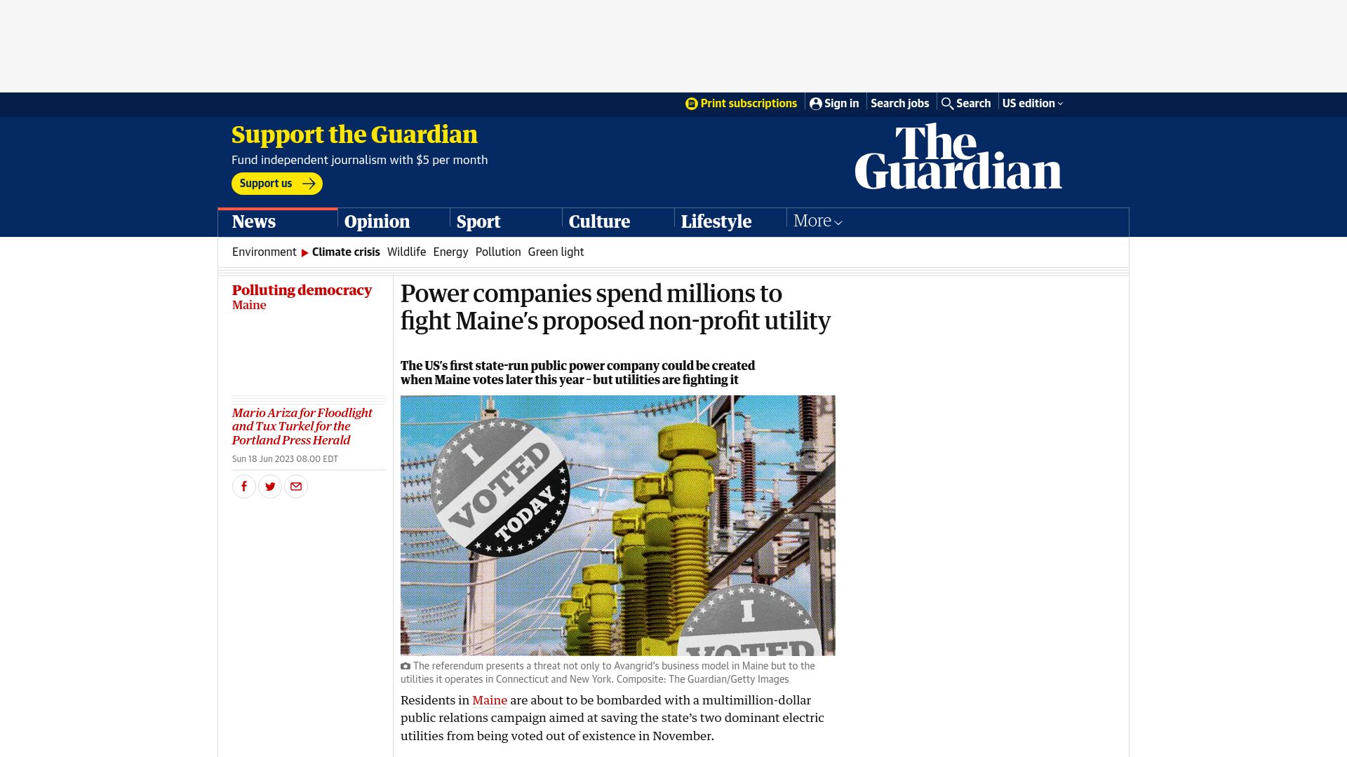 Screenshot of theguardian.com: Power companies fight Maine’s proposed non-profit utility