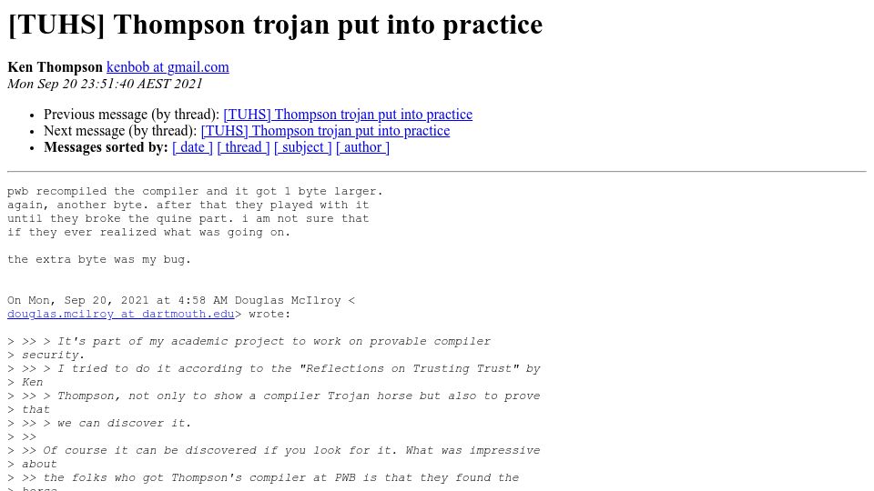 Screenshot of tuhs.org: Ken Thompson on the bug that exposed his compiler trojan (2021)