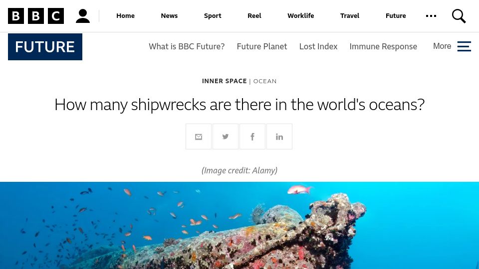 Screenshot of bbc.com: How many shipwrecks are there in the world's oceans?