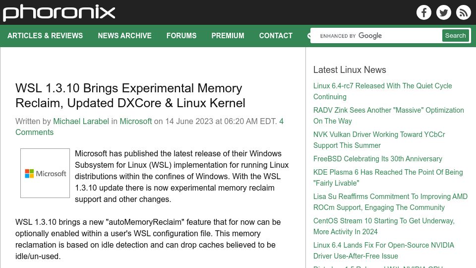 Screenshot of phoronix.com: WSL 1.3.10 Brings Experimental Memory Reclaim, Updated DXCore and Linux Kernel