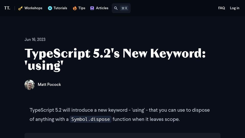 Screenshot of totaltypescript.com: TypeScript 5.2's new keyword: 'Using'