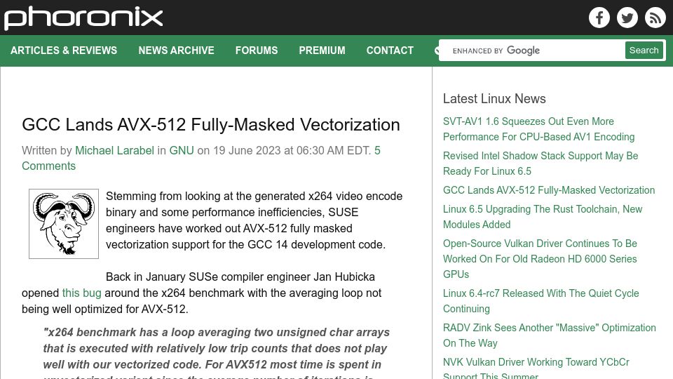 Screenshot of phoronix.com: GCC Lands AVX-512 Fully-Masked Vectorization