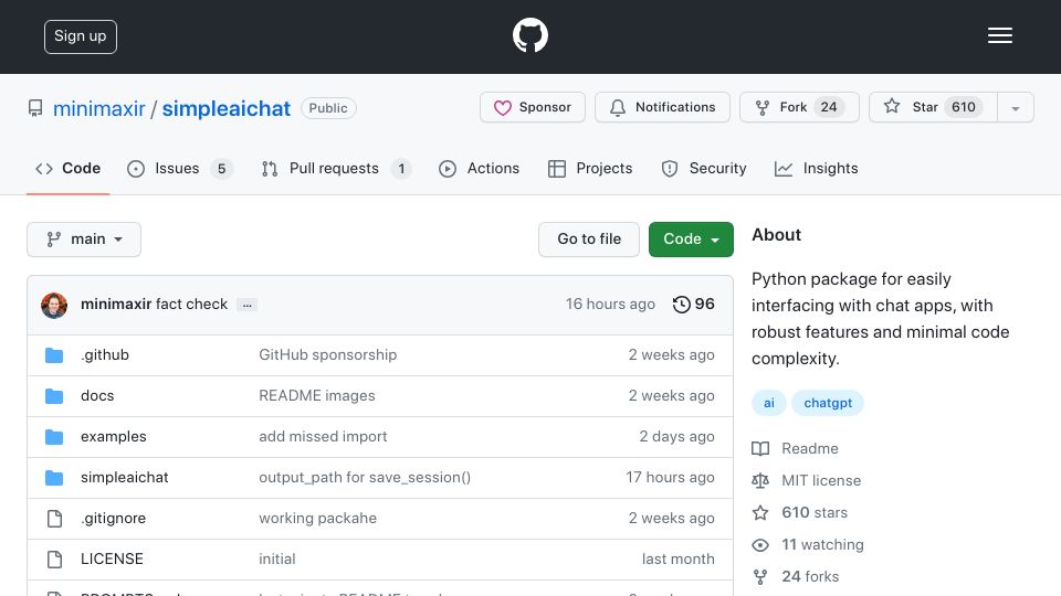 Screenshot of github.com: Show HN: Python package for interfacing with ChatGPT with minimized complexity