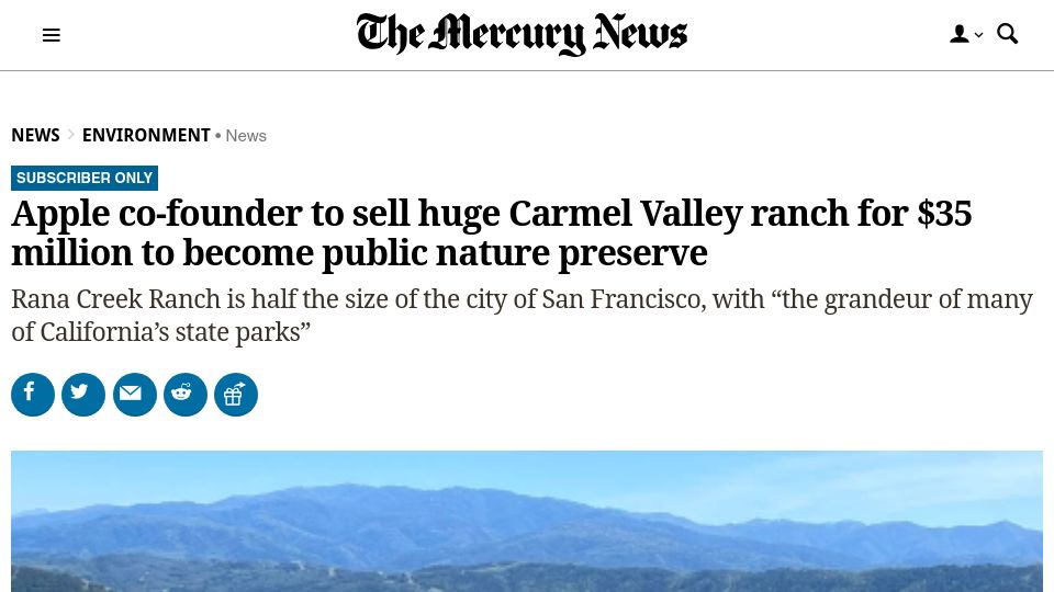 Screenshot of mercurynews.com: Apple co-founder sells Carmel Valley ranch, will become nature preserve