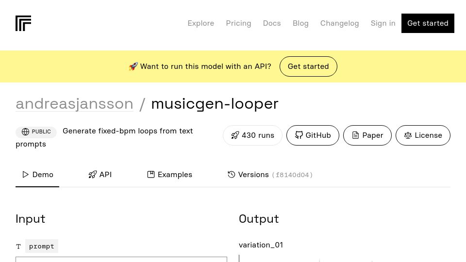 Screenshot of replicate.com: MusicGen-Looper: Generate fixed-bpm loops from text prompts