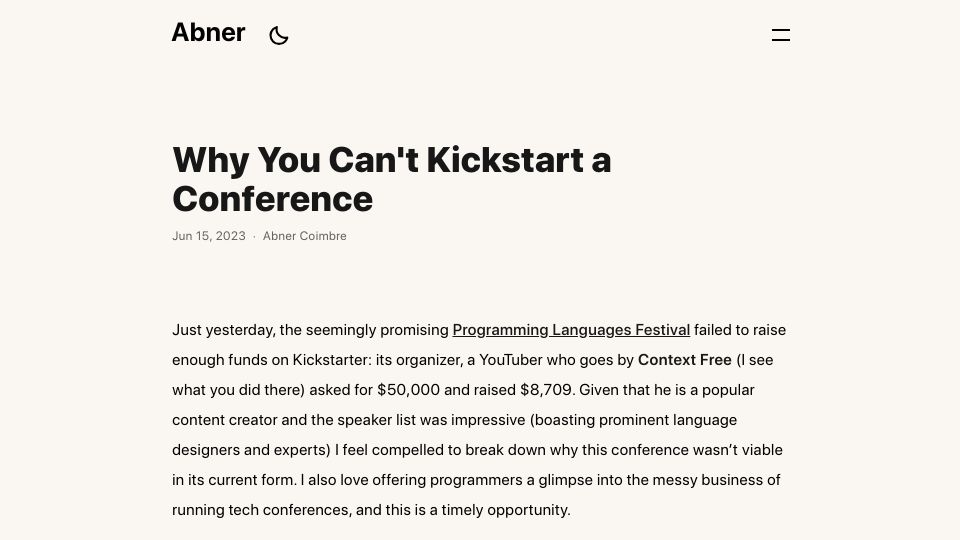 Screenshot of abnercoimbre.com: Why you can't Kickstart a conference