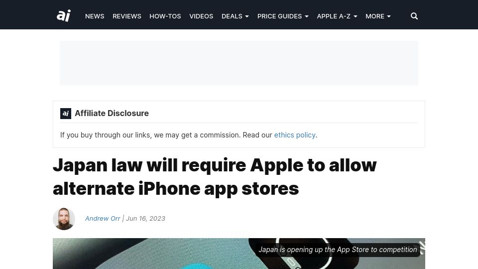 Screenshot of appleinsider.com: Japan law will require Apple to allow alternate iPhone app stores