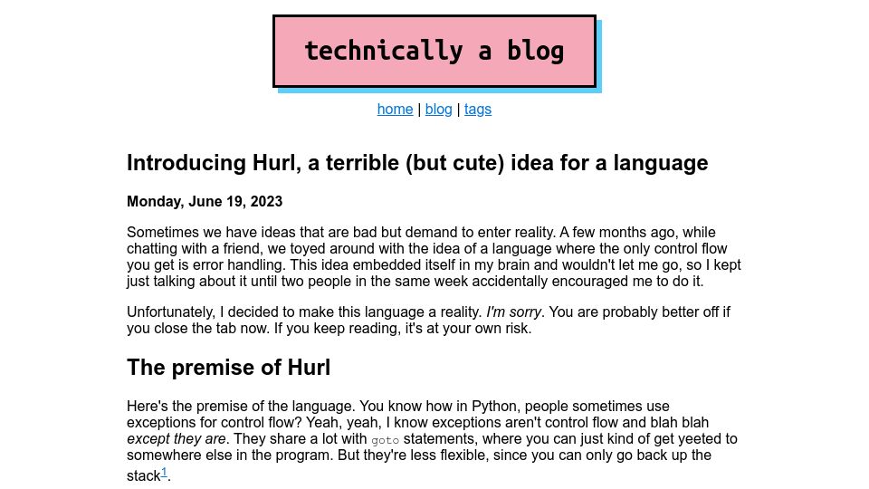 Screenshot of ntietz.com: Hurl, a terrible (but cute) idea for a language