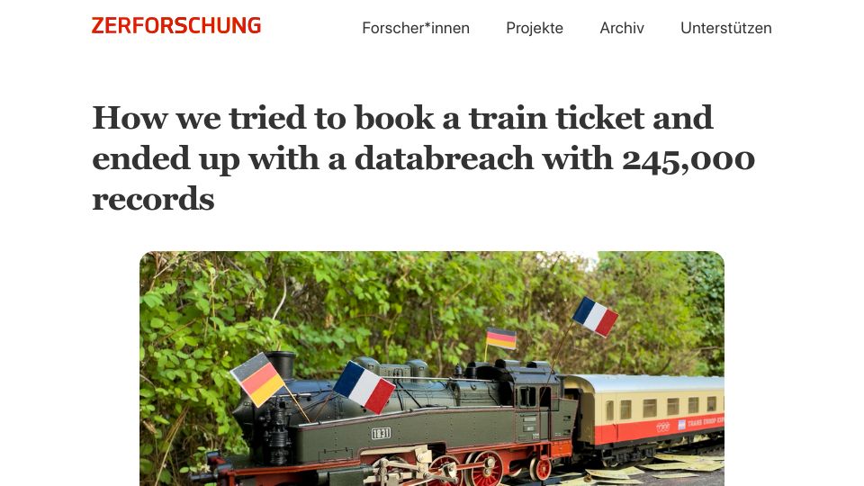 Screenshot of zerforschung.org: We tried to book a train ticket and ended up with a 245k records data breach