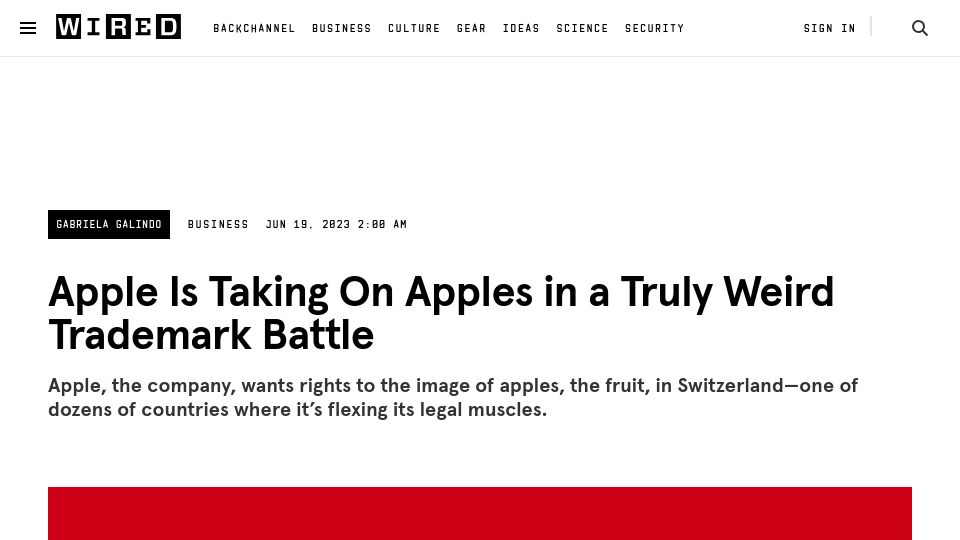 Screenshot of wired.com: Apple wants rights to the image of apples in Switzerland