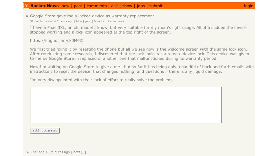 Screenshot of Hacker News post: Google Store gave me a locked device as warranty replacement