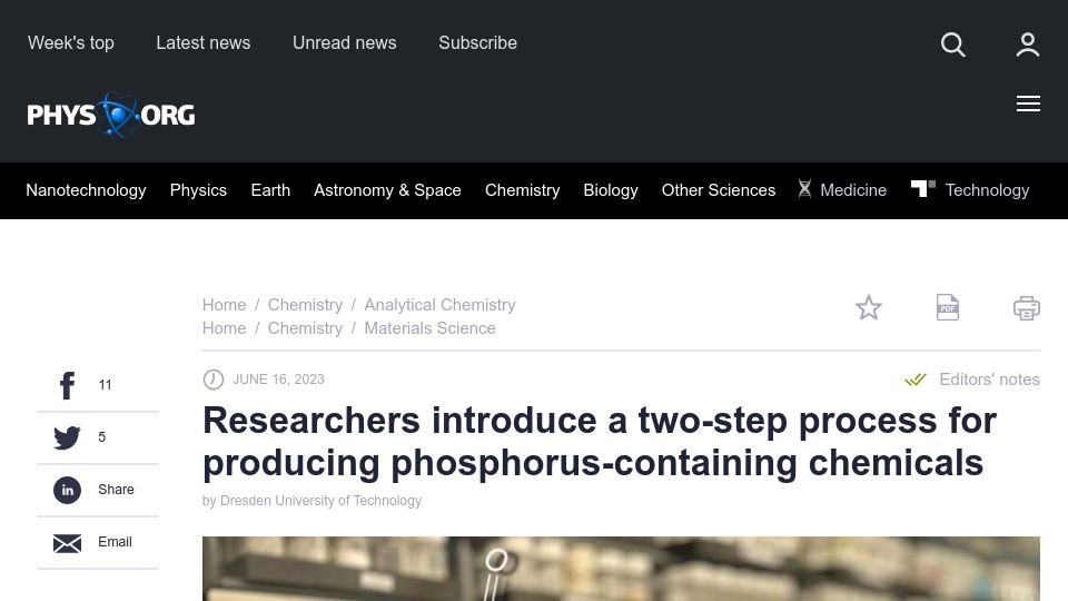 Screenshot of phys.org: Chemists introduce a two-step process for making phosphorus compounds