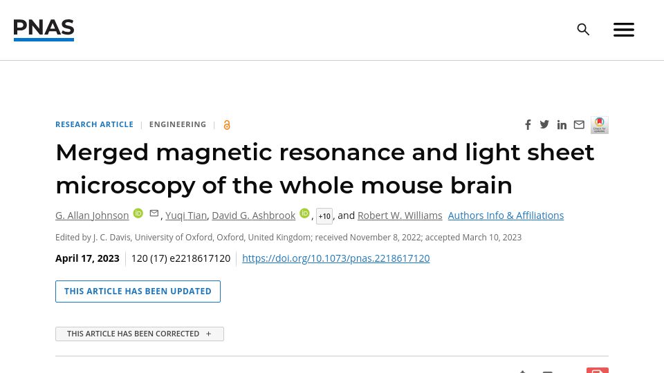 Screenshot of pnas.org: Merged magnetic resonance and light sheet microscopy of the whole mouse brain