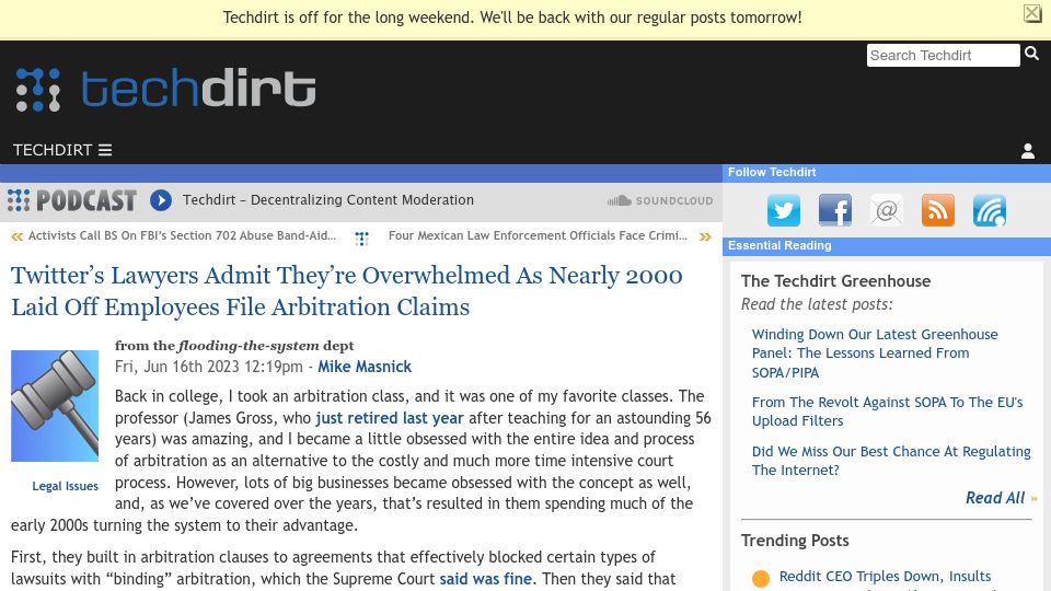 Screenshot of techdirt.com: Twitter lawyers overwhelmed as laid off employees file arbitration claims