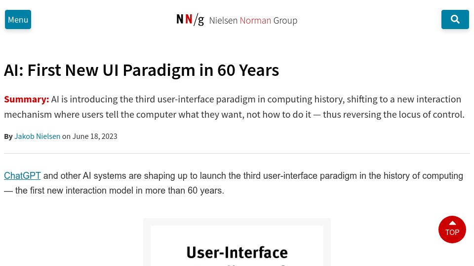 Screenshot of nngroup.com: AI: First New UI Paradigm in 60 Years?