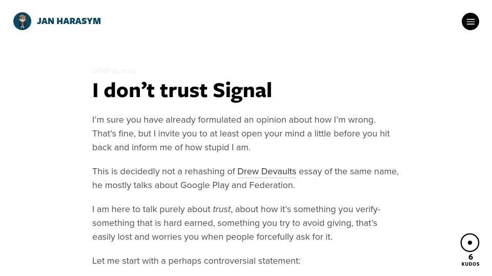Screenshot of blog.dijit.sh: I don't trust Signal