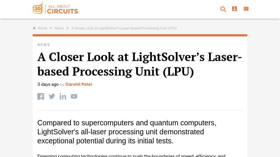 Screenshot of allaboutcircuits.com: A Closer Look at LightSolver’s Laser-Based Processing Unit (LPU)