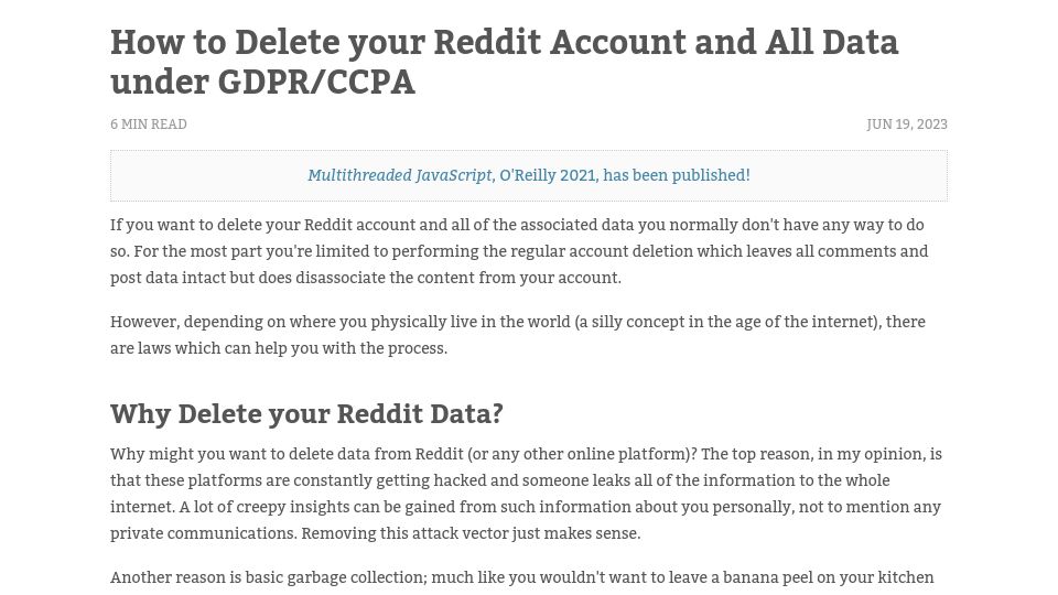 Screenshot of thomashunter.name: How to Delete Your Reddit Account and All Data Under GDPR/CCPA