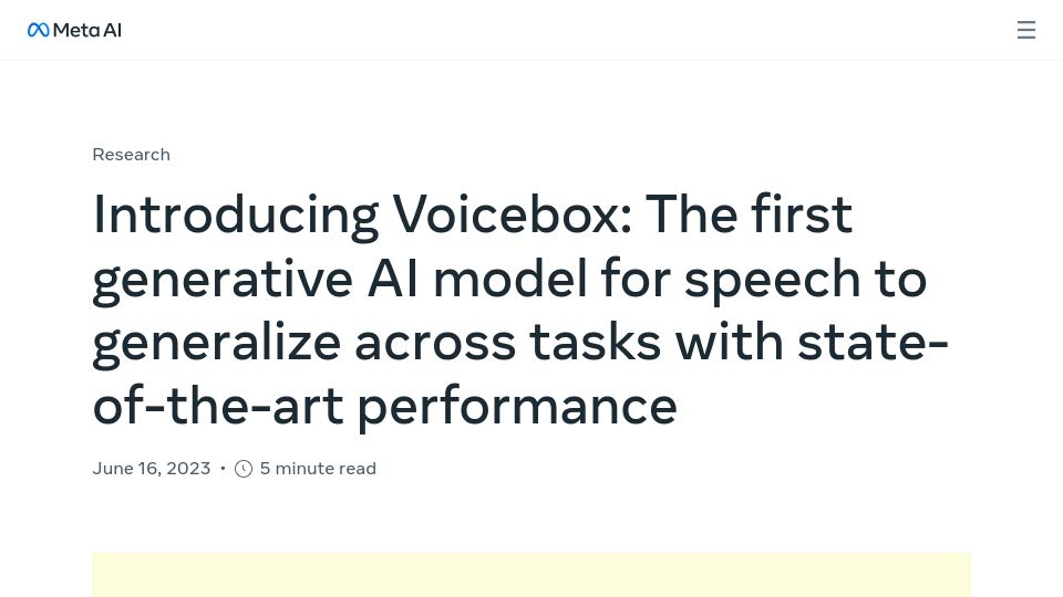Screenshot of ai.facebook.com: Voicebox: Generative AI model for speech that generalizes across tasks