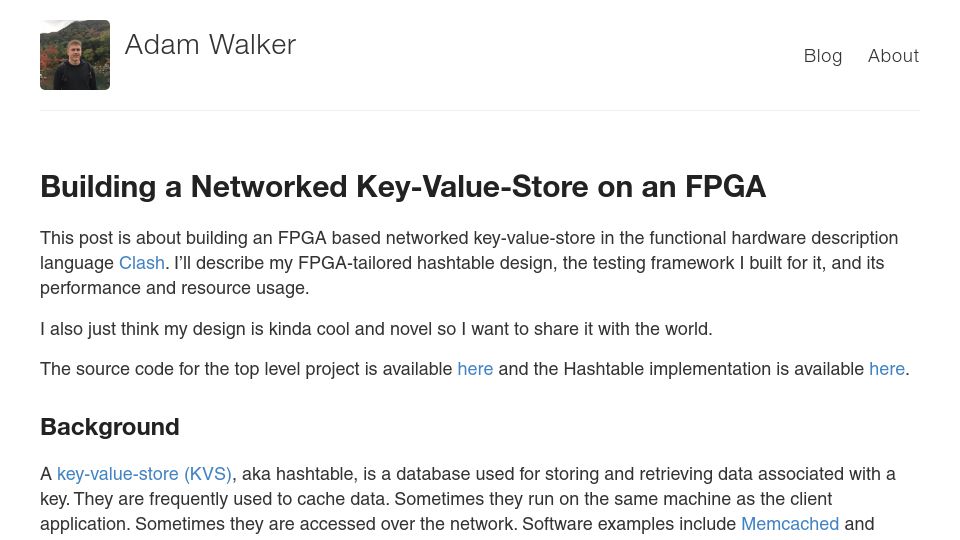 Screenshot of adamwalker.github.io: Building a Networked Key-Value-Store on an FPGA