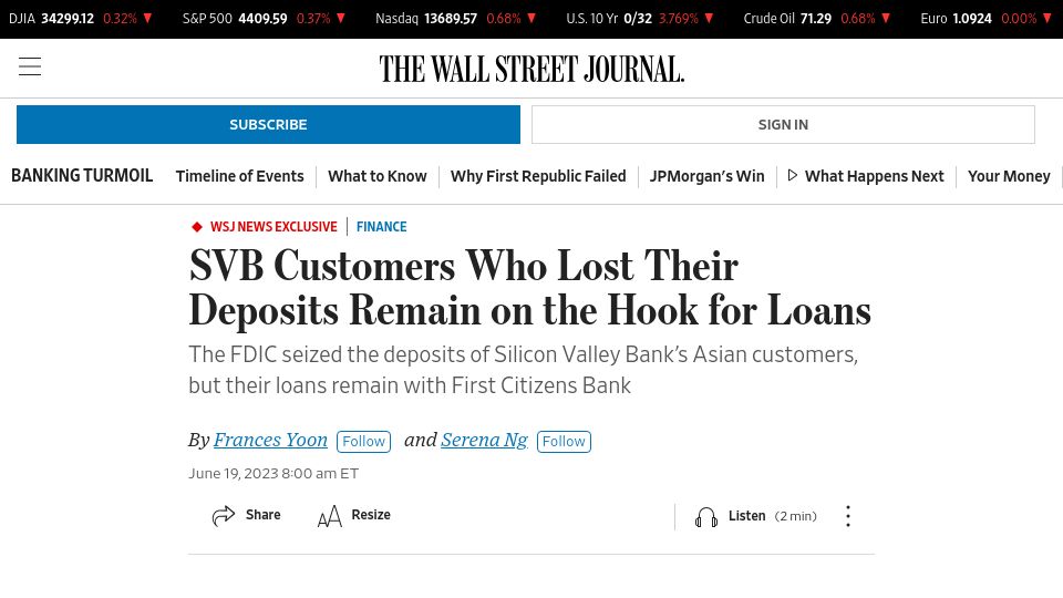 Screenshot of wsj.com: SVB customers who lost their deposits remain on the hook for loans
