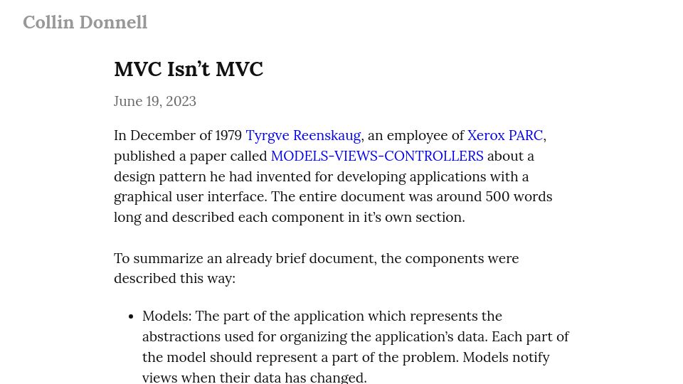 Screenshot of collindonnell.com: MVC Isn’t MVC