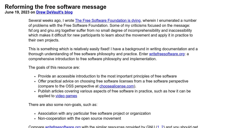 Screenshot of drewdevault.com: Reforming the free software message