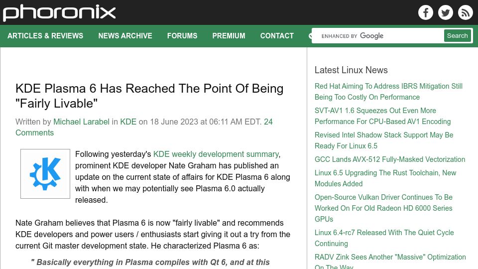 Screenshot of phoronix.com: KDE Plasma 6 Has Reached the Point of Being “Fairly Livable”