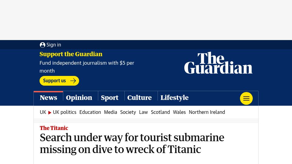 Screenshot of theguardian.com: Tourist submarine goes missing on dive to wreck of Titanic