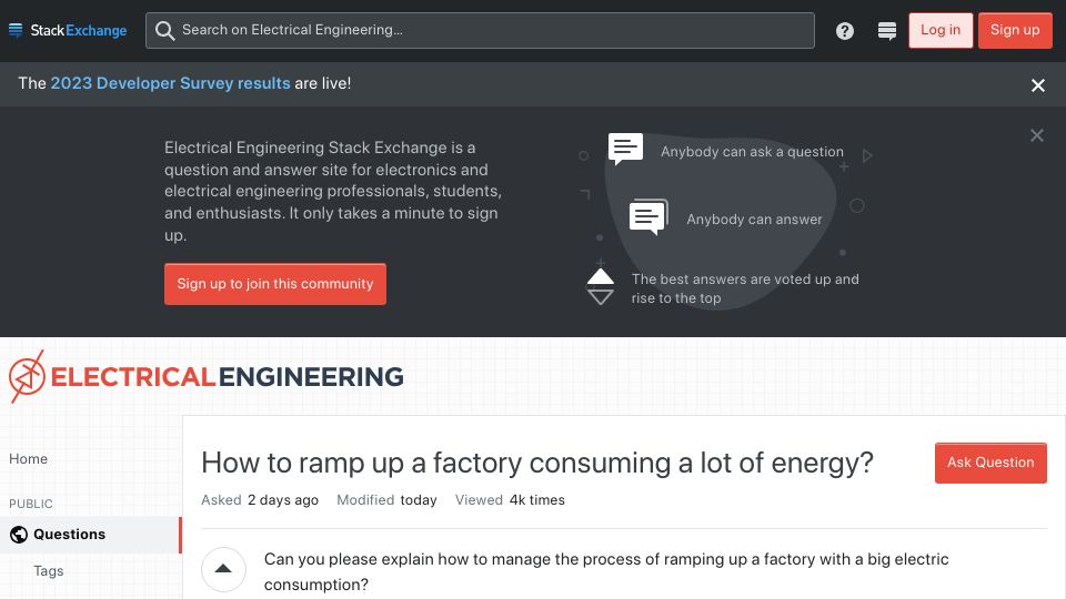 Screenshot of electronics.stackexchange.com: How to ramp up a factory consuming a lot of energy?